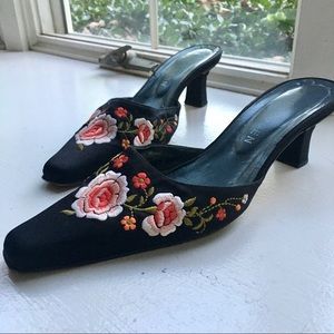 Black Suede Vintage Floral Heels